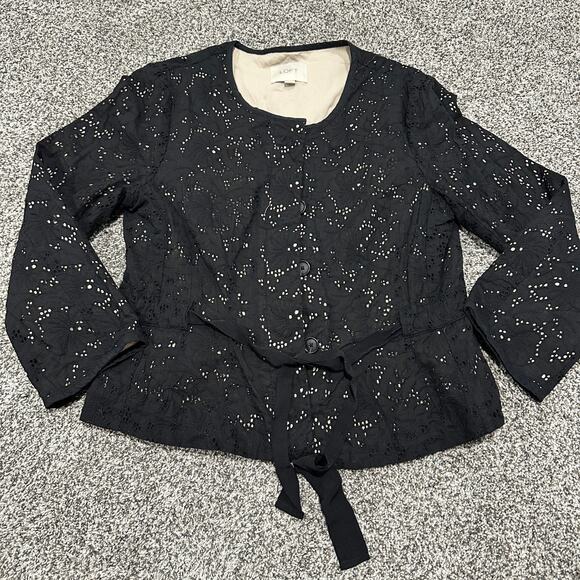 Ann Taylor LOFT Black Eyelet Lined 100% Cotton Blazer Belted, Size 12 - Picture 1 of 9